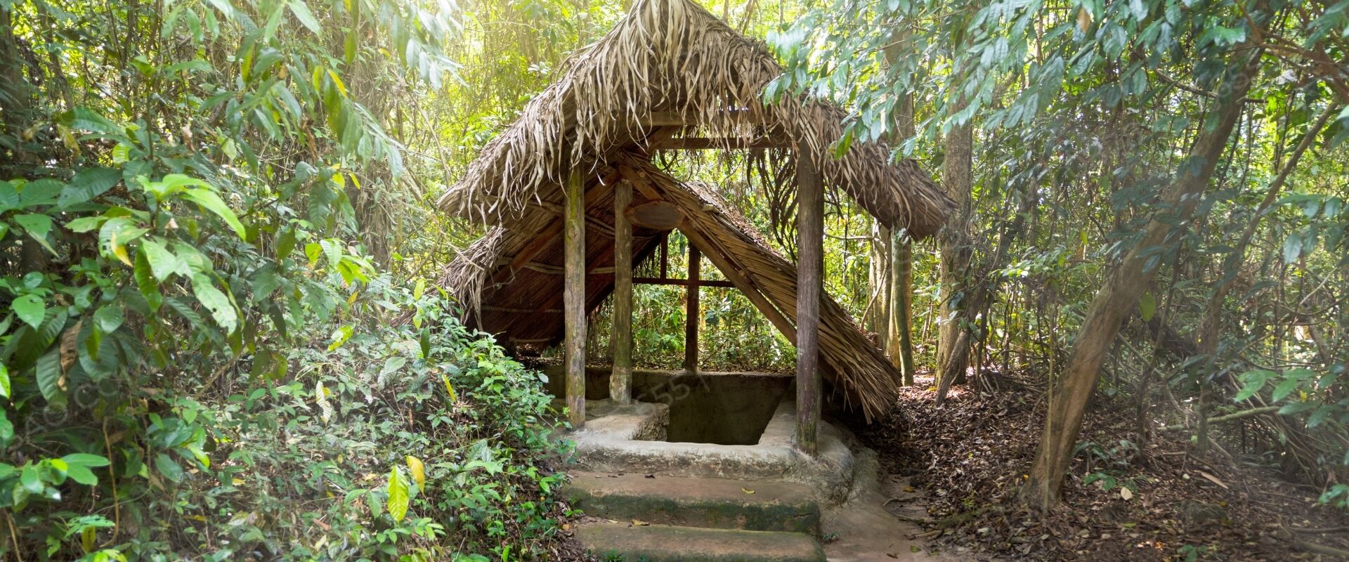 Lush Cu Chi countryside in Vietnam on a Cu Chi Travel banner by Legend Travel Group.
